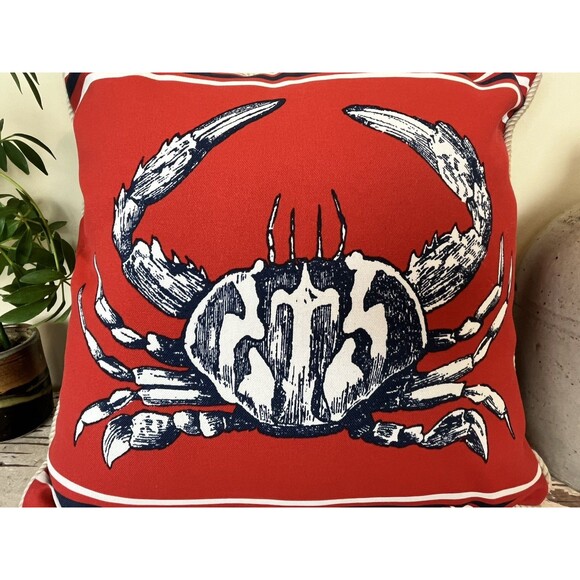 Vintage Nautical Crab On Red Canvas W/ Rope Piping 15” Throw Pillow 2 SIDED - Picture 2 of 9